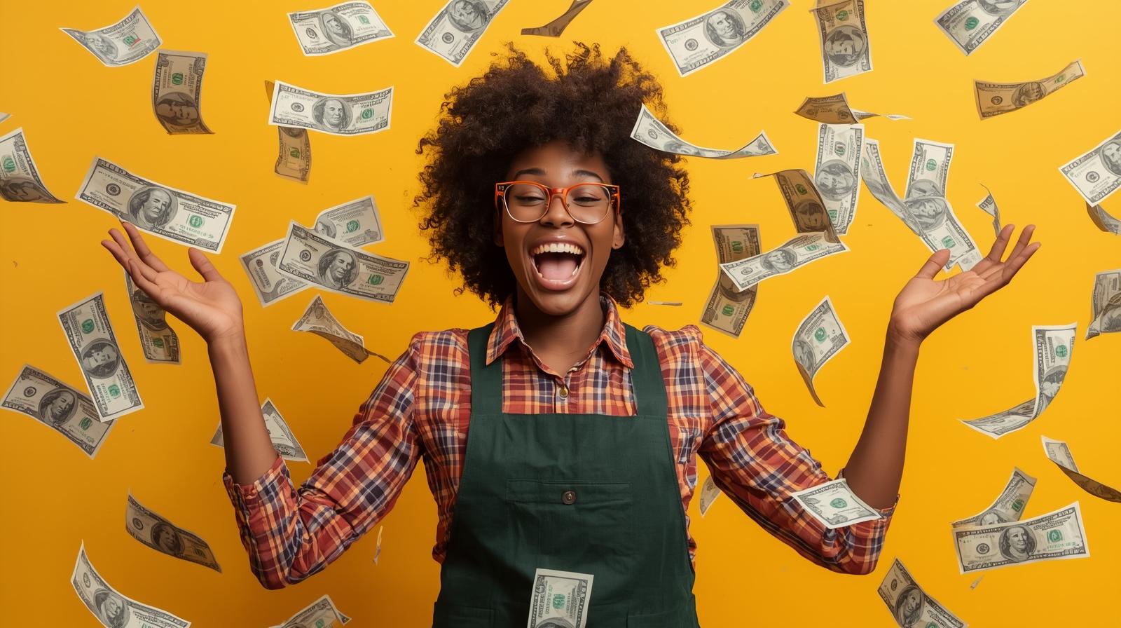 black girl flying cash USD worker merchant cash advance for gig workers 1