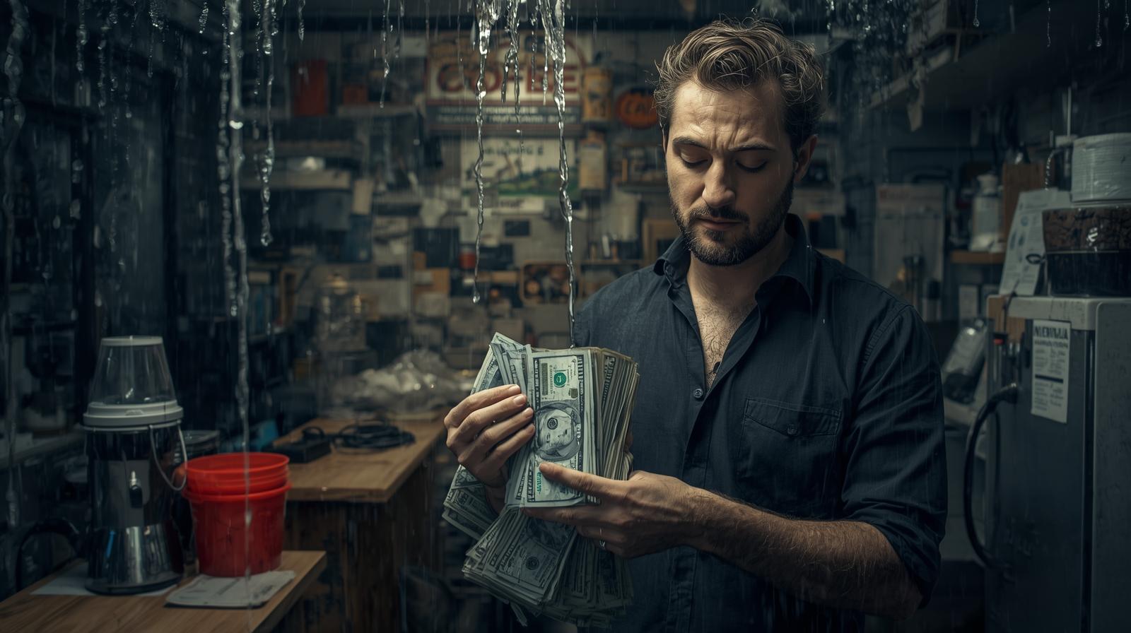 Emergency business expense funding 1 man holding cash relaxed now he has the funds to fix the leak in the roof