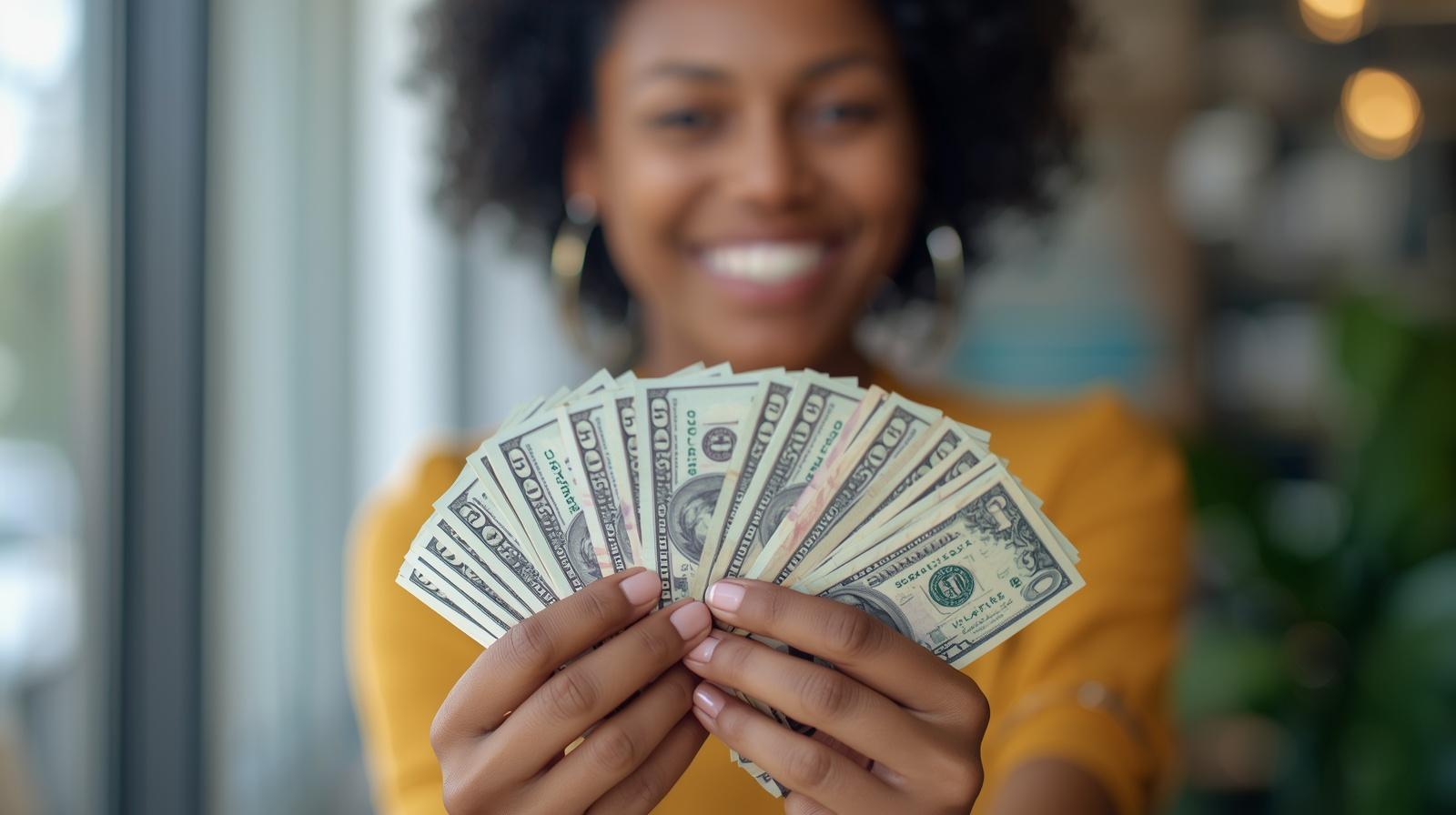 revenue-based business funding 1 happy woman holding cash